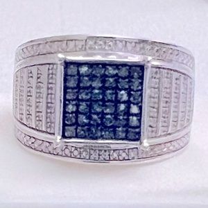 Blue diamond micro pave 925 Sterling Silver wide band ring size 7 14mm wide